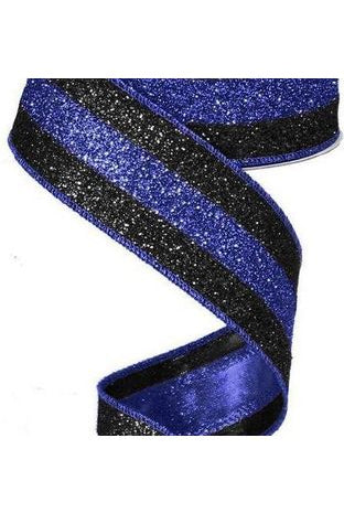 1.5" Police Support Ribbon: Glitter Black & Blue (10 Yards) - Michelle's aDOORable Creations - Wired Edge Ribbon