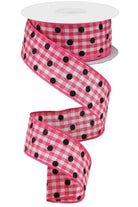 1.5" Polka Dot Gingham Check Ribbon: Pink (10 Yard) - Michelle's aDOORable Creations - Wired Edge Ribbon