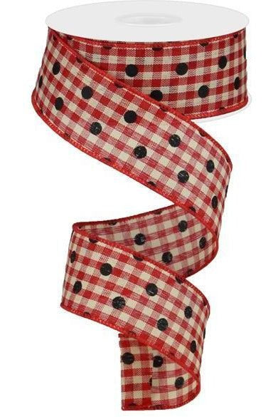 1.5" Polka Dot Gingham Check Ribbon: Red (10 Yard) - Michelle's aDOORable Creations - Wired Edge Ribbon