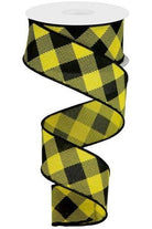 1.5" Printed Diagonal Check Ribbon: Yellow & Black (10 Yards) - Michelle's aDOORable Creations - Wired Edge Ribbon