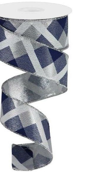 1.5" Printed Plaid Metallic Ribbon: Silver, Navy, White (10 Yards) - Michelle's aDOORable Creations - Wired Edge Ribbon
