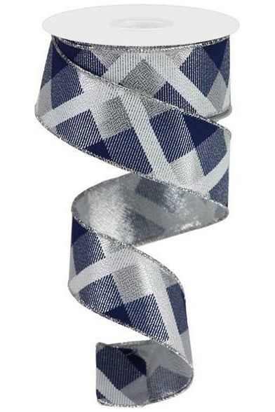 1.5" Printed Plaid Metallic Ribbon: Silver, Navy, White (10 Yards) - Michelle's aDOORable Creations - Wired Edge Ribbon