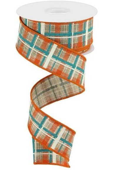 1.5" Printed Plaid on Royal: Beige (10 Yards) - Michelle's aDOORable Creations - Wired Edge Ribbon
