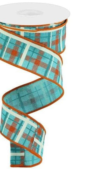 1.5" Printed Plaid on Royal: Light Teal (10 Yards) - Michelle's aDOORable Creations - Wired Edge Ribbon