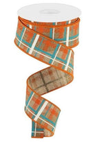 1.5" Printed Plaid on Royal: Tan (10 Yards) - Michelle's aDOORable Creations - Wired Edge Ribbon