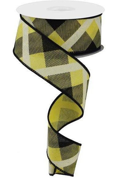 1.5" Printed Plaid Ribbon: Yellow, Black, White - Michelle's aDOORable Creations - Wired Edge Ribbon
