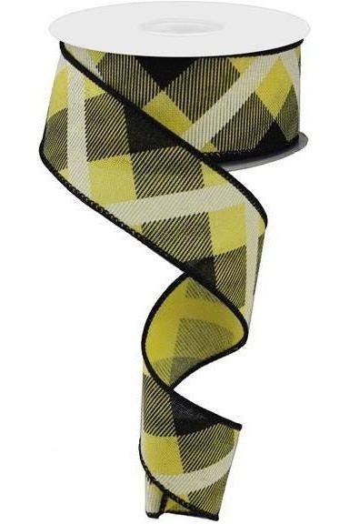 1.5" Printed Plaid Ribbon: Yellow, Black, White - Michelle's aDOORable Creations - Wired Edge Ribbon