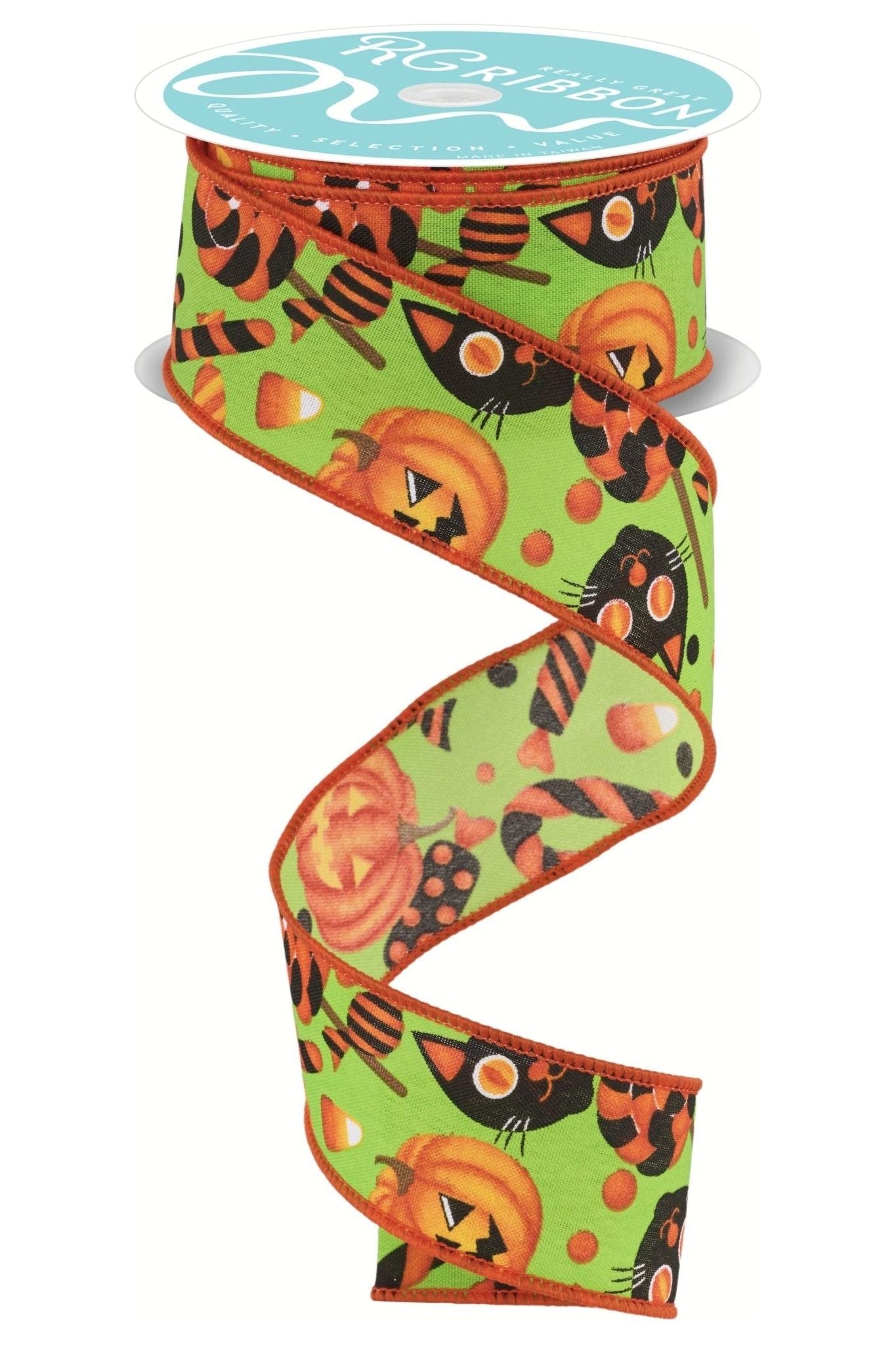 1.5" Pumpkin Cat Candy Ribbon: Lime Green (10 Yards) - Michelle's aDOORable Creations - Wired Edge Ribbon