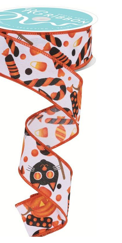 1.5" Pumpkin Cat Candy Ribbon: White (10 Yards) - Michelle's aDOORable Creations - Wired Edge Ribbon