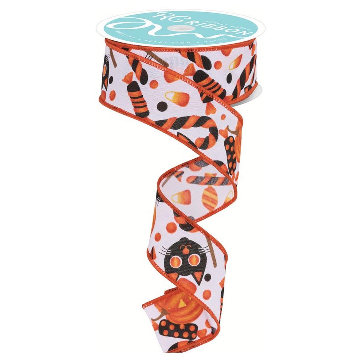 Shop For 1.5" Pumpkin Cat Candy Ribbon: White (10 Yards) at Michelle's aDOORable Creations