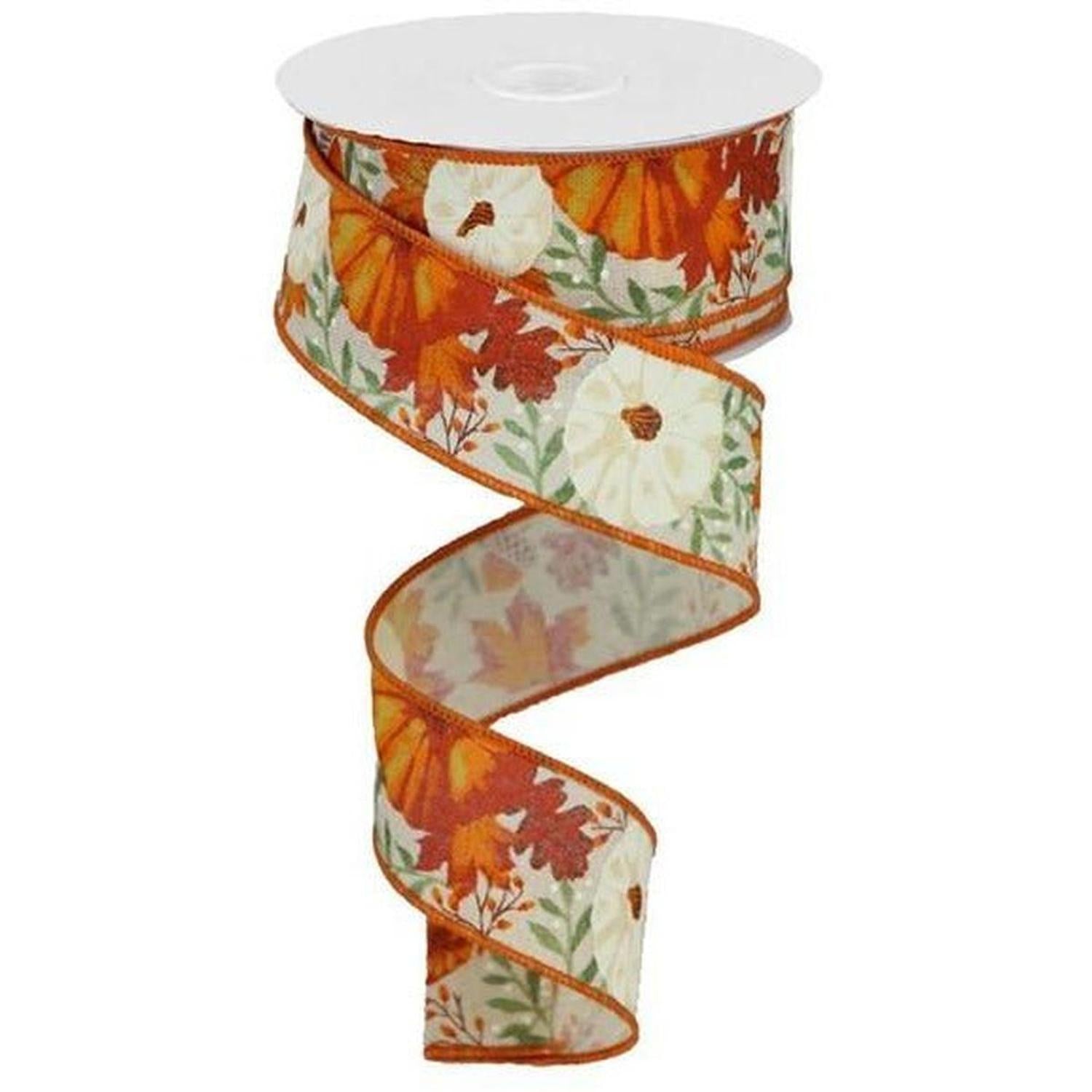 1.5" Pumpkin Foliage Ribbon: Cream (10 Yards)