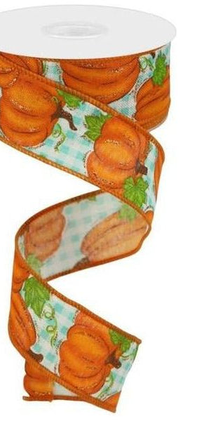 1.5" Pumpkin Patch Ribbon: Turquoise Check (10 Yards) - Michelle's aDOORable Creations - Wired Edge Ribbon