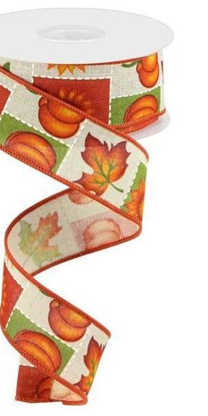 1.5" Pumpkin Sunflower and Maple Leaf Ribbon: Lt Natural (10 Yards) - Michelle's aDOORable Creations - Wired Edge Ribbon