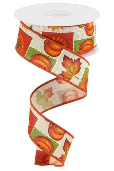 1.5" Pumpkin Sunflower and Maple Leaf Ribbon: Lt Natural (10 Yards) - Michelle's aDOORable Creations - Wired Edge Ribbon