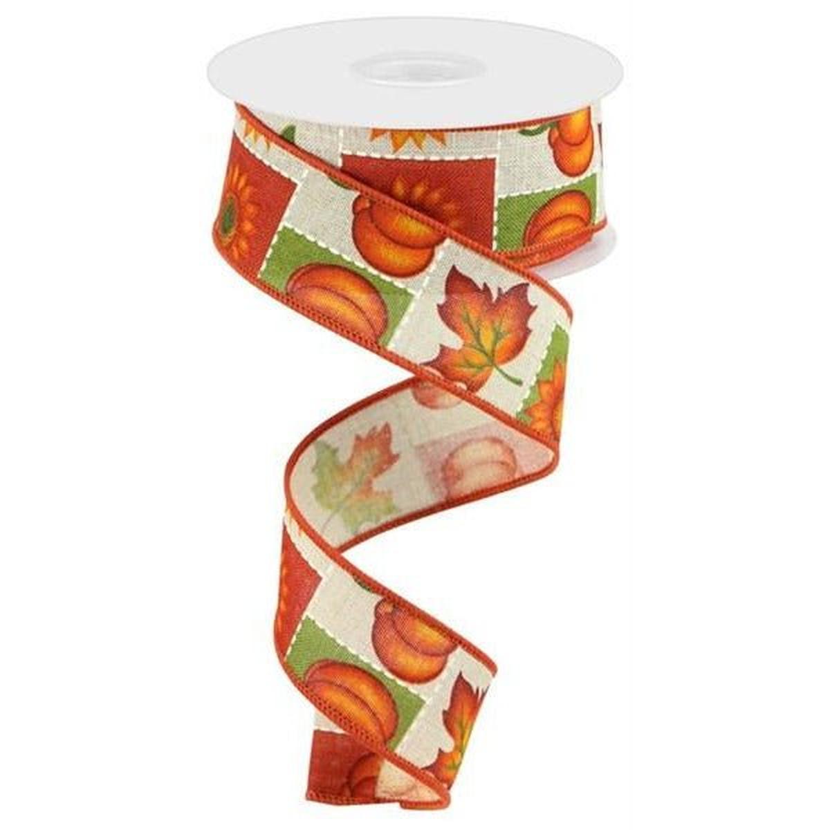 Shop For 1.5" Pumpkin Sunflower and Maple Leaf Ribbon: Lt Natural (10 Yards) at Michelle's aDOORable Creations