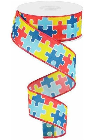 1.5" Puzzle Piece Ribbon: Autism Awareness (10 Yards) - Michelle's aDOORable Creations - Wired Edge Ribbon
