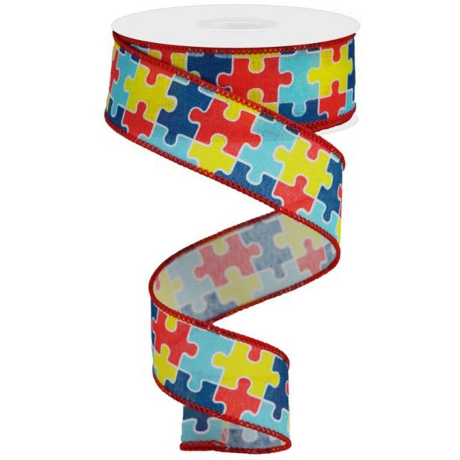 Shop For 1.5" Puzzle Piece Ribbon on Royal: Autism Awareness (10 Yards) at Michelle's aDOORable Creations