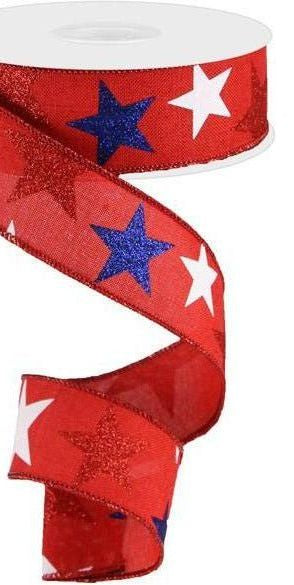 1.5" Red Royal Canvas Ribbon: Patriotic Stars (10 Yards) - Michelle's aDOORable Creations - Wired Edge Ribbon
