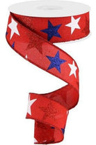 1.5" Red Royal Canvas Ribbon: Patriotic Stars (10 Yards) - Michelle's aDOORable Creations - Wired Edge Ribbon