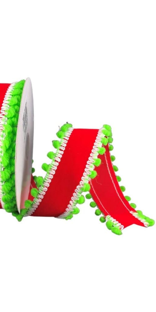 1.5" Red Velvet Pom Ribbon: Lime Green (10 Yards) - Michelle's aDOORable Creations - Wired Edge Ribbon