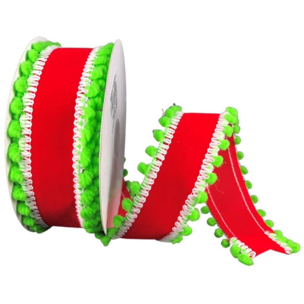 Shop For 1.5" Red Velvet Pom Ribbon: Lime Green (10 Yards) at Michelle's aDOORable Creations