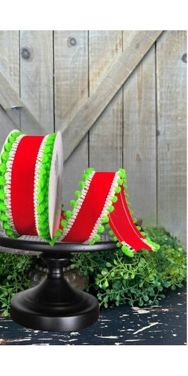 1.5" Red Velvet Pom Ribbon: Lime Green (10 Yards) - Michelle's aDOORable Creations - Wired Edge Ribbon