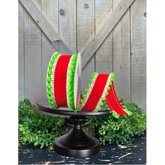 Shop For 1.5" Red Velvet Pom Ribbon: Lime Green (10 Yards) at Michelle's aDOORable Creations