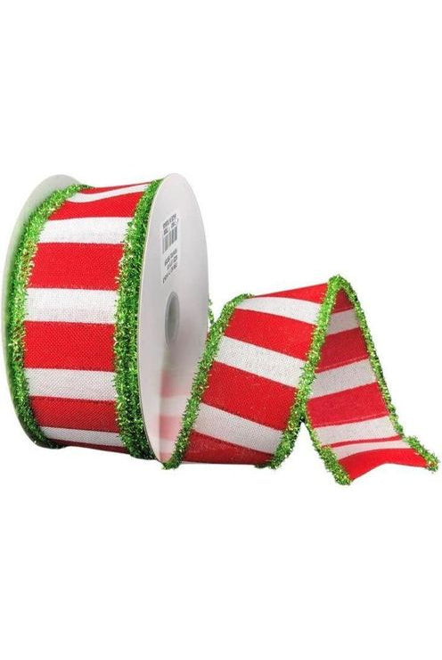 1.5" Red White Stripe Tinsel Ribbon: Lime Green (10 Yards) - Michelle's aDOORable Creations - Wired Edge Ribbon