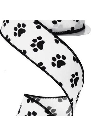 1.5" Satin Paw Print Ribbon: Black & White (10 Yards) - Michelle's aDOORable Creations - Wired Edge Ribbon