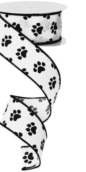1.5" Satin Paw Print Ribbon: Black & White (10 Yards) - Michelle's aDOORable Creations - Wired Edge Ribbon