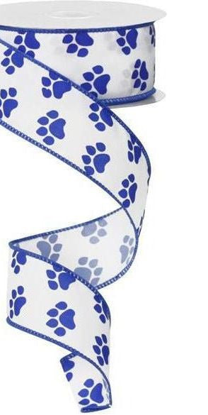 1.5" Satin Paw Print Ribbon: Blue & White (10 Yards) - Michelle's aDOORable Creations - Wired Edge Ribbon