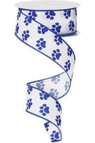 1.5" Satin Paw Print Ribbon: Blue & White (10 Yards) - Michelle's aDOORable Creations - Wired Edge Ribbon