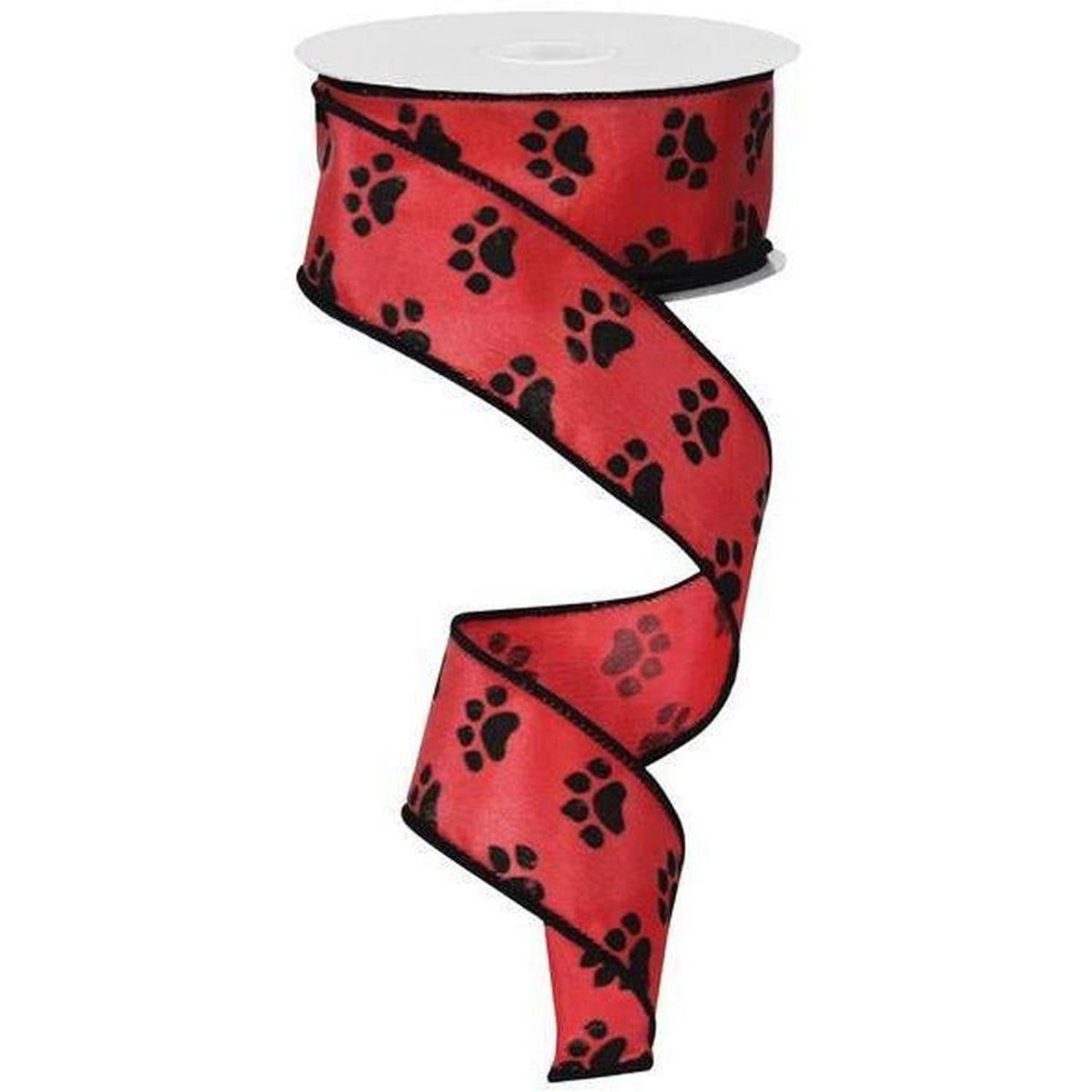 1.5" Satin Paw Print Ribbon: Red & Black (10 Yards)