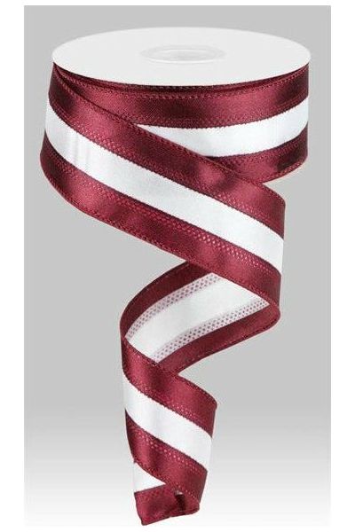 1.5" Satin Team Stripe Ribbon: Maroon & White (10 Yards) - Michelle's aDOORable Creations - Wired Edge Ribbon