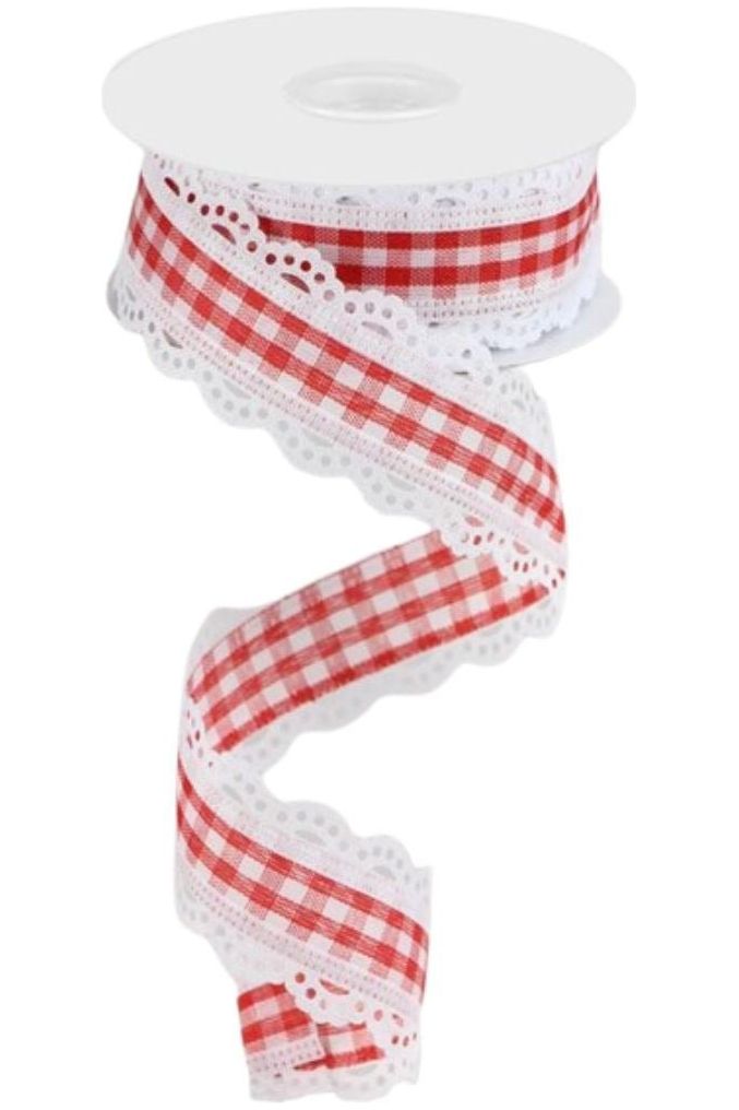 1.5" Scalloped Edge Gingham Ribbon: Red & White (10 Yard) - Michelle's aDOORable Creations - Wired Edge Ribbon