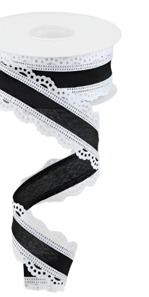 1.5" Scalloped Edge Ribbon: Black/White (10 Yard) - Michelle's aDOORable Creations - Wired Edge Ribbon