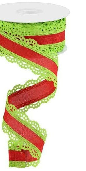 1.5" Scalloped Edge Ribbon: Red/Lime Green (10 Yards) - Michelle's aDOORable Creations - Wired Edge Ribbon