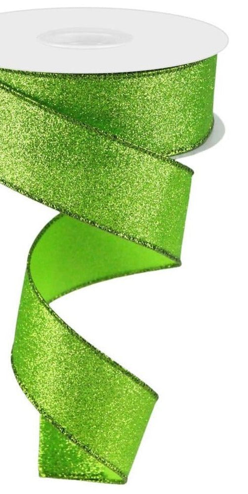 1.5" Shimmer Glitter Ribbon: Lime Green (10 Yards) - Michelle's aDOORable Creations - Wired Edge Ribbon
