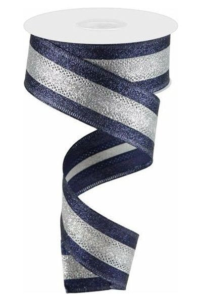 1.5" Shimmer Glitter Stripe Ribbon: Silver/Navy Blue (10 Yards) - Michelle's aDOORable Creations - Wired Edge Ribbon