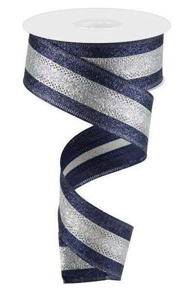 1.5" Shimmer Glitter Stripe Ribbon: Silver/Navy Blue (10 Yards) - Michelle's aDOORable Creations - Wired Edge Ribbon