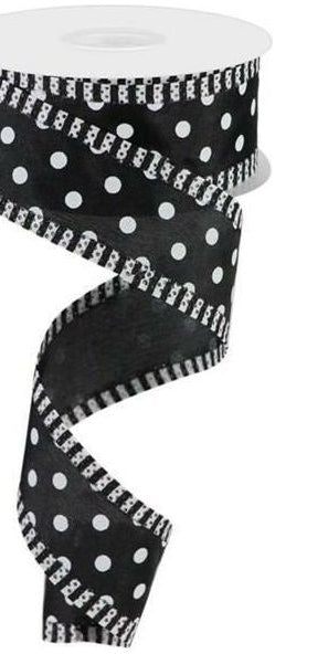 1.5" Small Polka Dot Stripe Ribbon: Black/White (10 Yards) - Michelle's aDOORable Creations - Wired Edge Ribbon