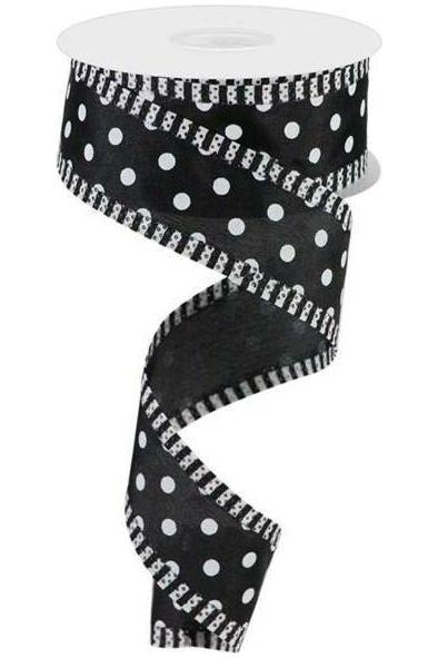 1.5" Small Polka Dot Stripe Ribbon: Black/White (10 Yards) - Michelle's aDOORable Creations - Wired Edge Ribbon