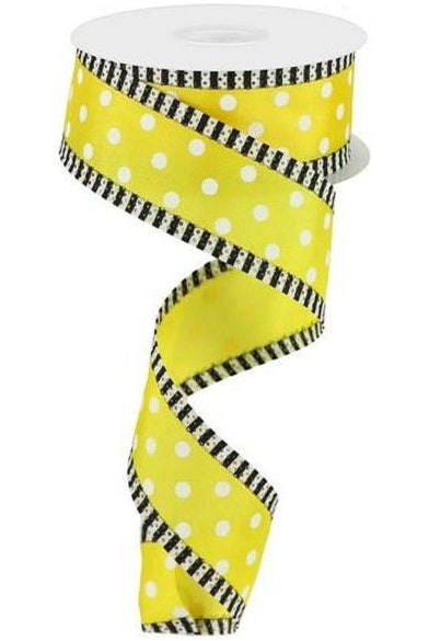 1.5" Small Polka Dot Stripe Ribbon: Yellow/White (10 Yards) - Michelle's aDOORable Creations - Wired Edge Ribbon
