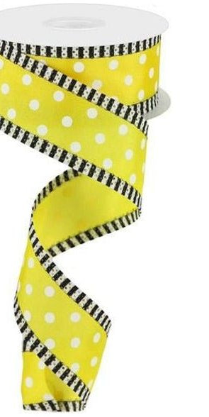1.5" Small Polka Dot Stripe Ribbon: Yellow/White (10 Yards) - Michelle's aDOORable Creations - Wired Edge Ribbon