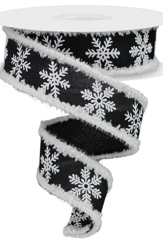 1.5" Snowflake Drift Ribbon: Black & White (10 Yards) - Michelle's aDOORable Creations - Wired Edge Ribbon