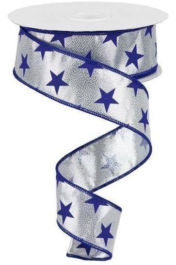 1.5" Stars on Metallic Ribbon: Silver (10 Yards) - Michelle's aDOORable Creations - Wired Edge Ribbon - RGA1121T1