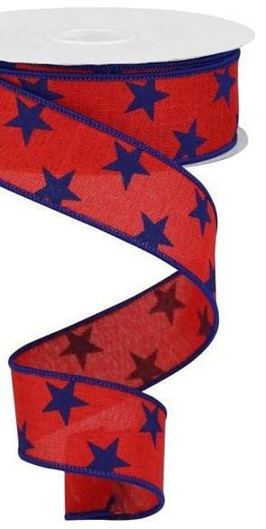 1.5" Stars on Royal Ribbon: Red (10 Yards) - Michelle's aDOORable Creations - Wired Edge Ribbon