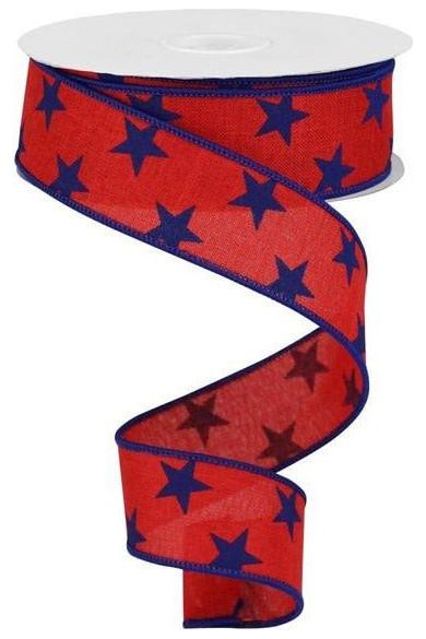 1.5" Stars on Royal Ribbon: Red (10 Yards) - Michelle's aDOORable Creations - Wired Edge Ribbon