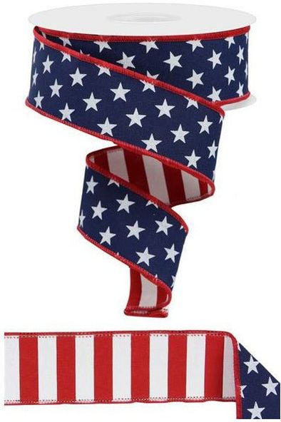 1.5" Stars Stripes Fused Back Ribbon: Navy Blue (10 Yards) - Michelle's aDOORable Creations - Wired Edge Ribbon