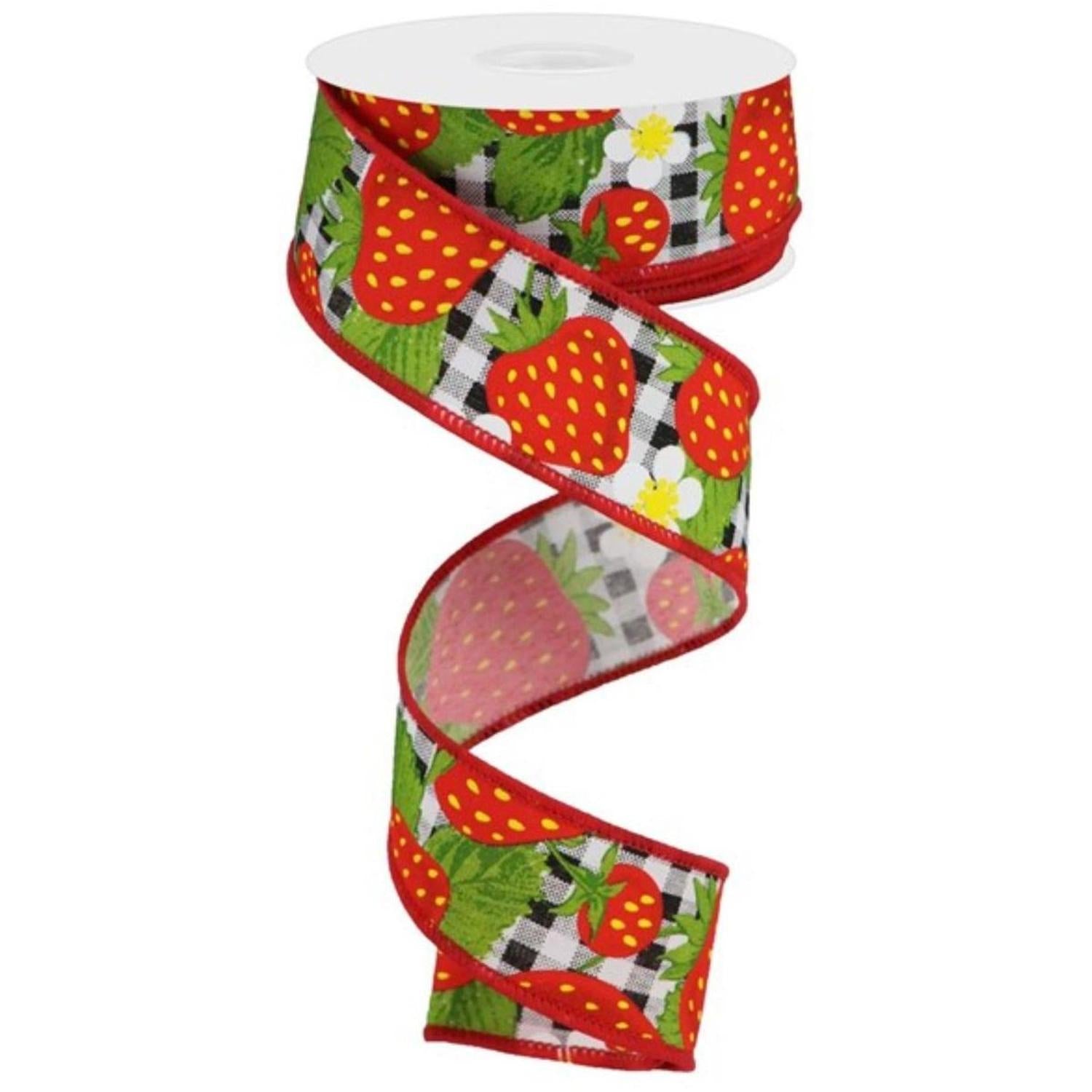 1.5" Strawberries on Check Ribbon: Black & White (10 Yards)